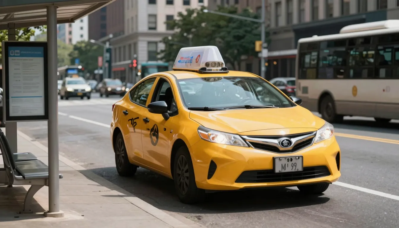 A modern yellow taxi car arriving on time at a city bus stop...
