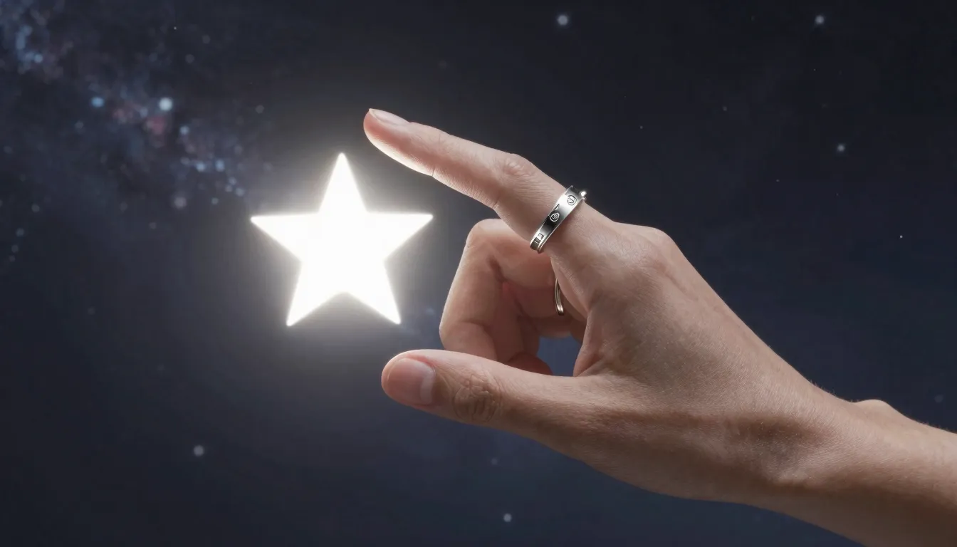 A hand reaching out towards a glowing star, wearing multiple...