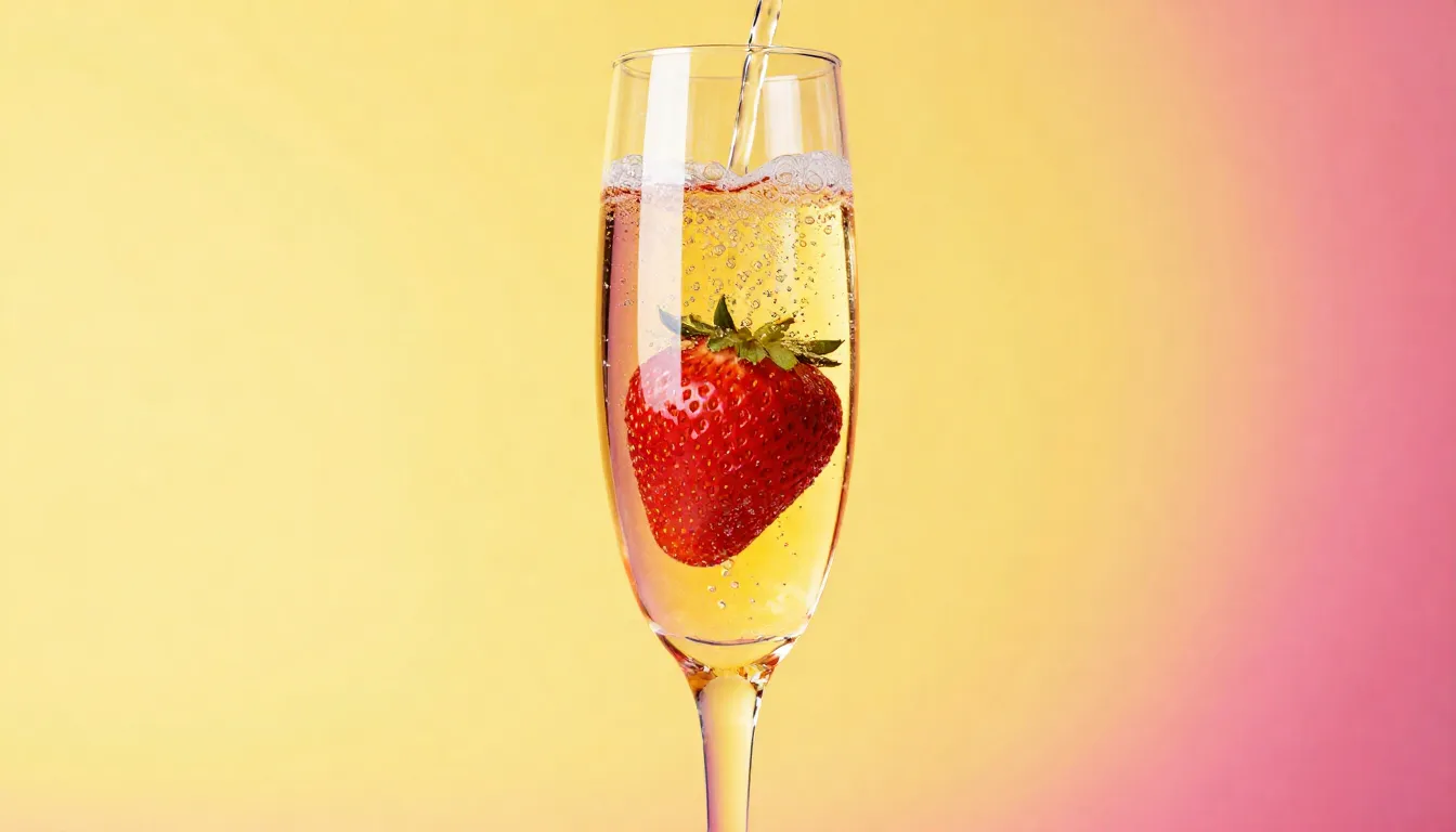 A glass of champagne with a strawberry inside, bubbles risin...