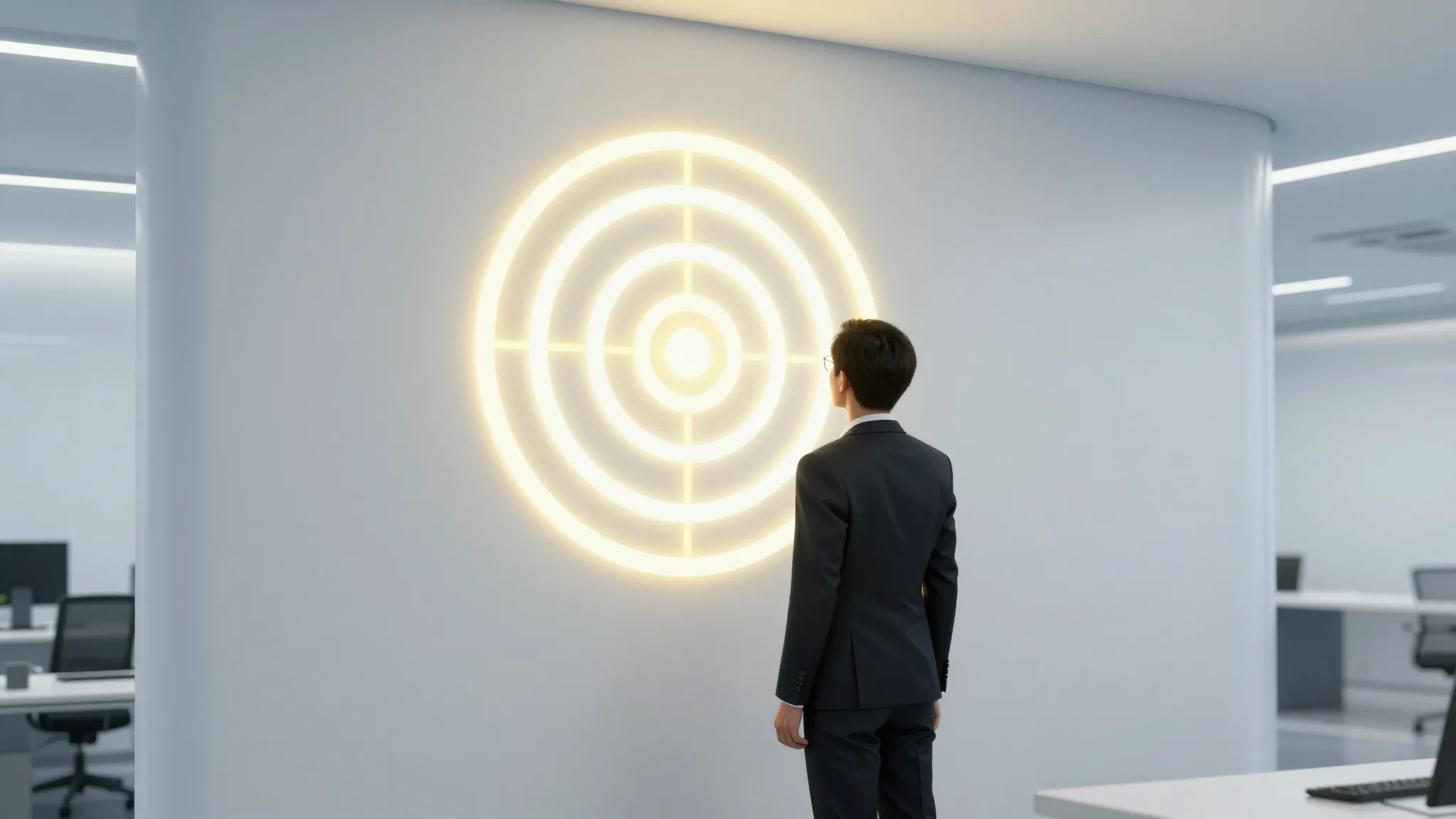 A professional person pointing at a large glowing target on ...
