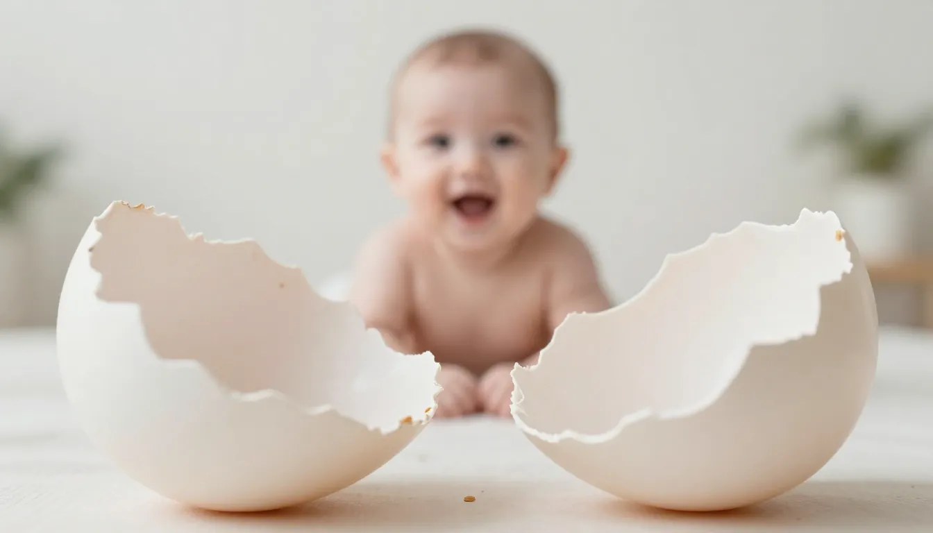 Creative baby photoshoot, macro shot of large white eggshell...