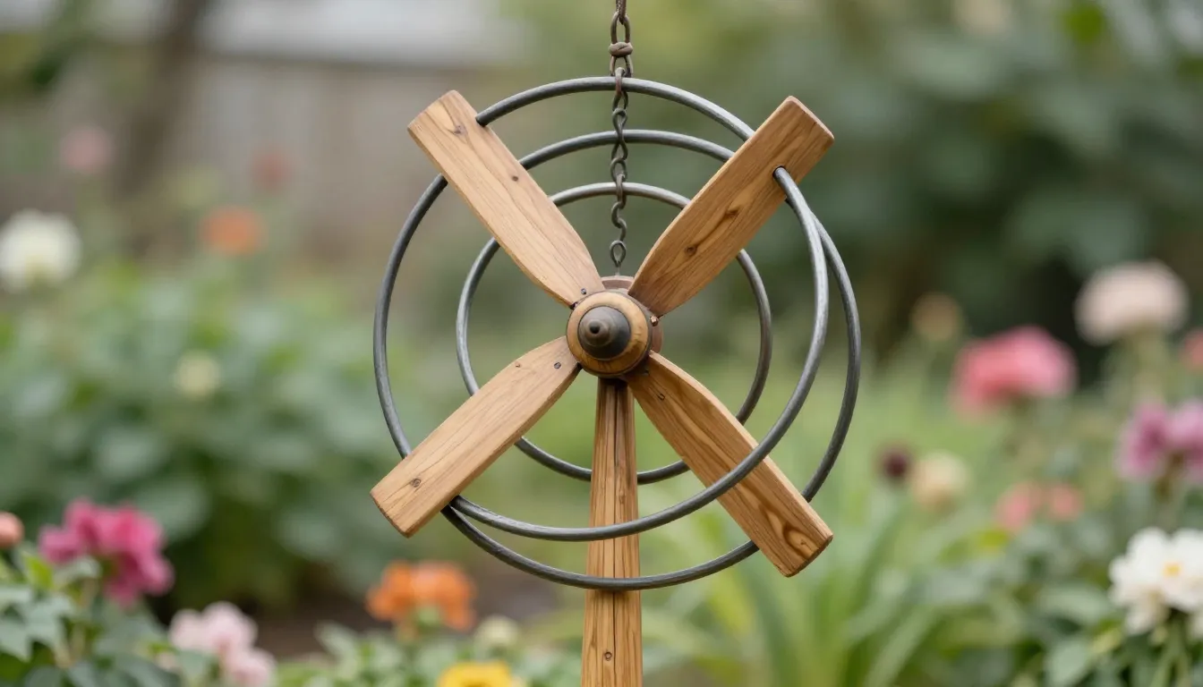 Close-up of a wooden and metal spiral wind turbine hanging i...