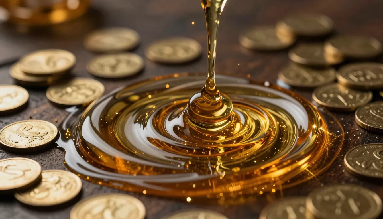 Golden liquid oil swirling with coins and sparkles, mystical...