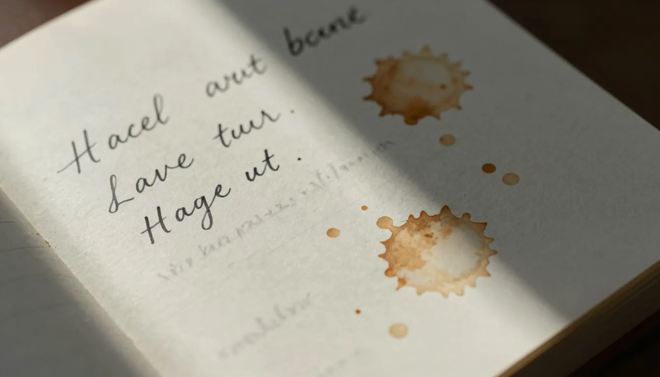 A close-up of a handwritten diary page with coffee stains an...