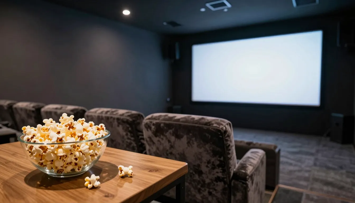 A cozy home cinema room with a large screen, soft ambient li...
