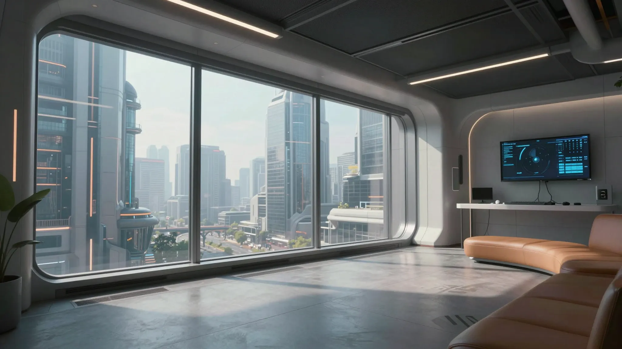 First-person view in a high-tech neopunk apartment, looking ...