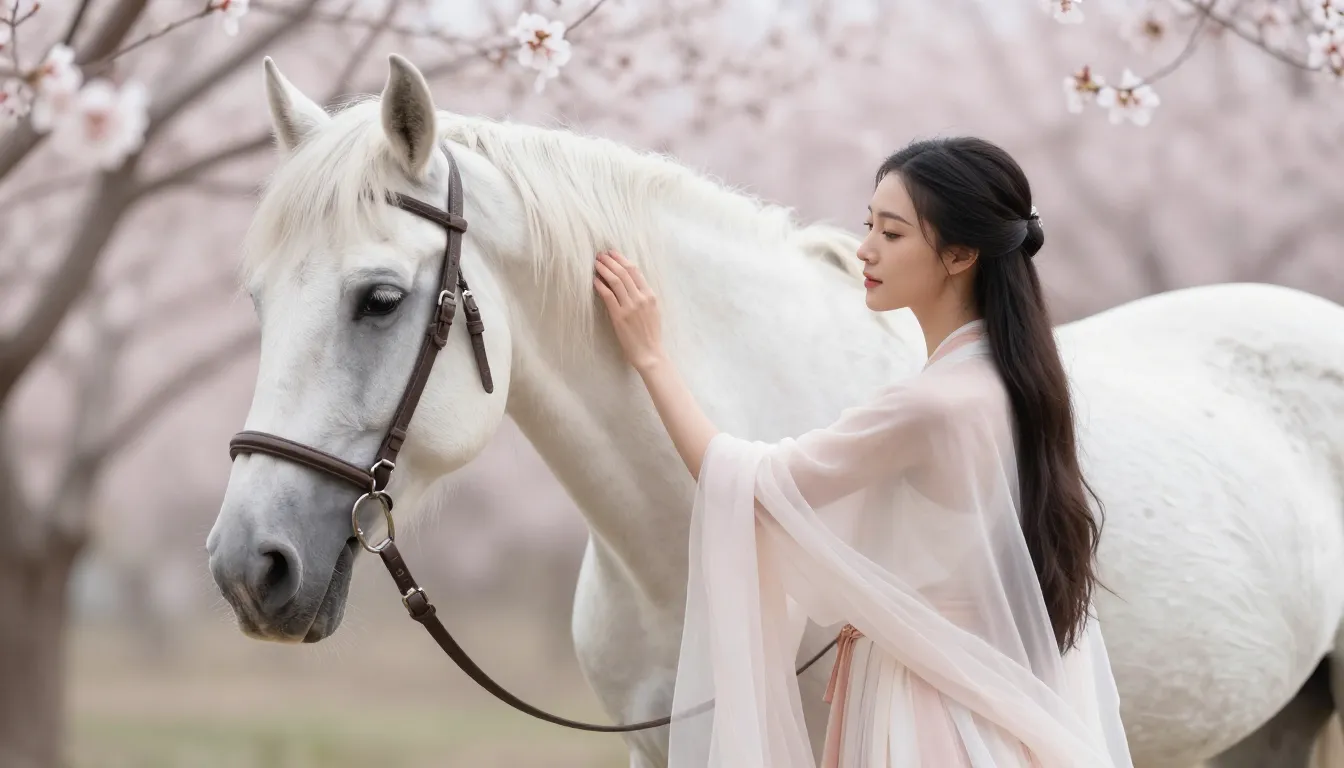 A beautiful woman in elegant, flowing attire, gently touchin...