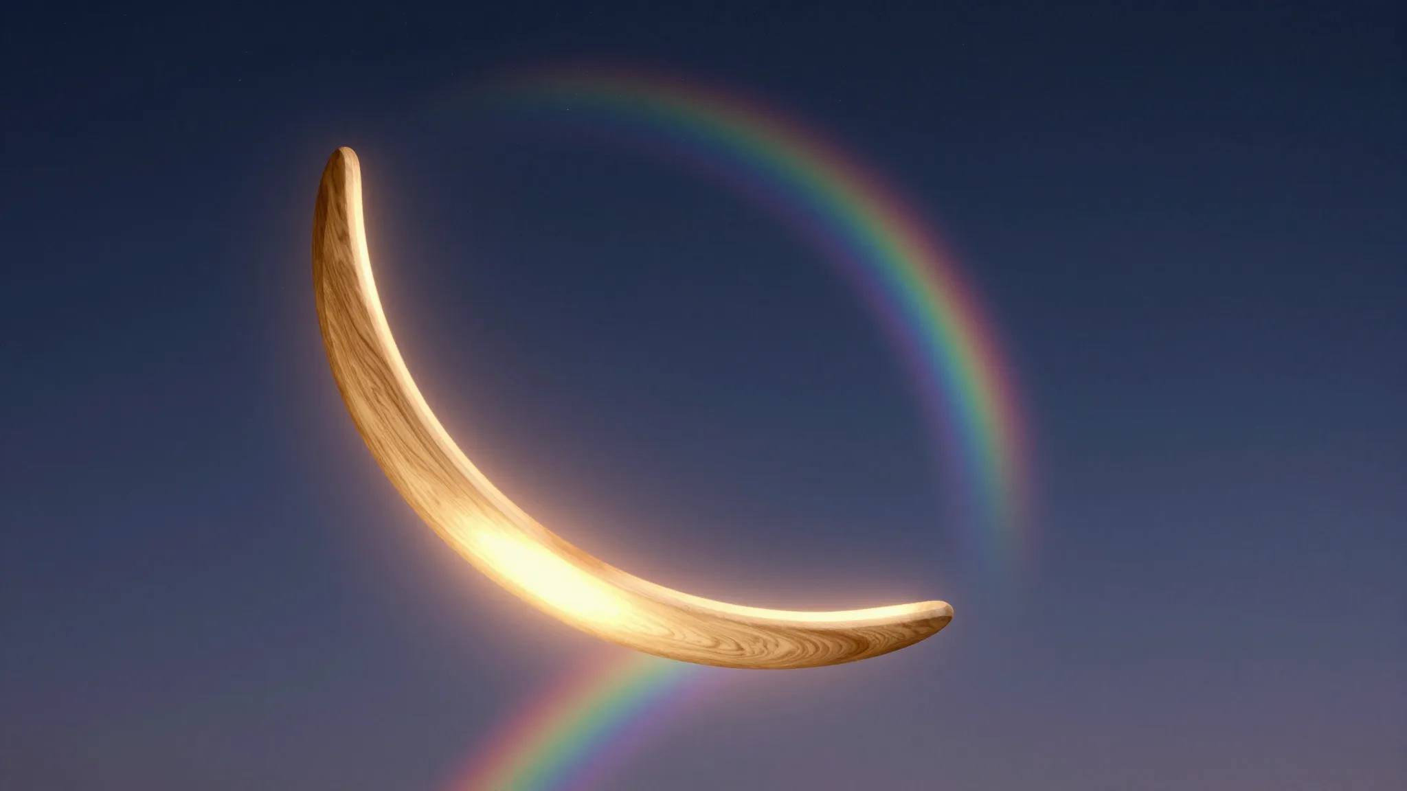 A glowing wooden boomerang flying in a circular motion again...