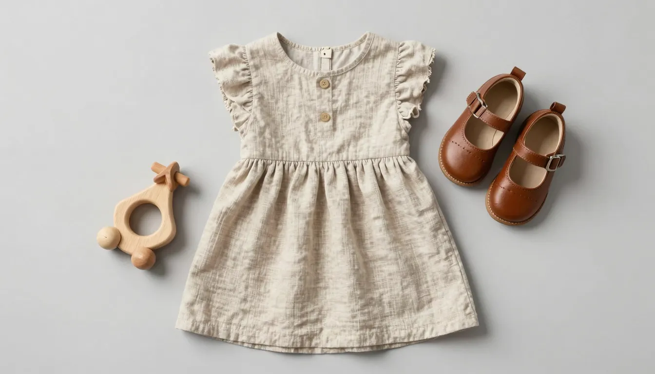 A professional flat lay of high-quality children's clothing,...