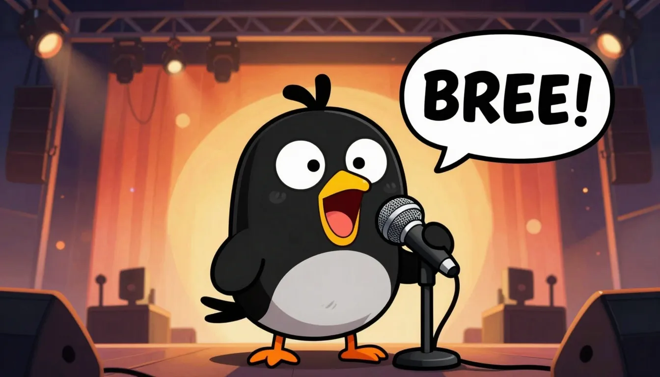 A funny cartoon blackbird with a tiny mohawk standing in fro...