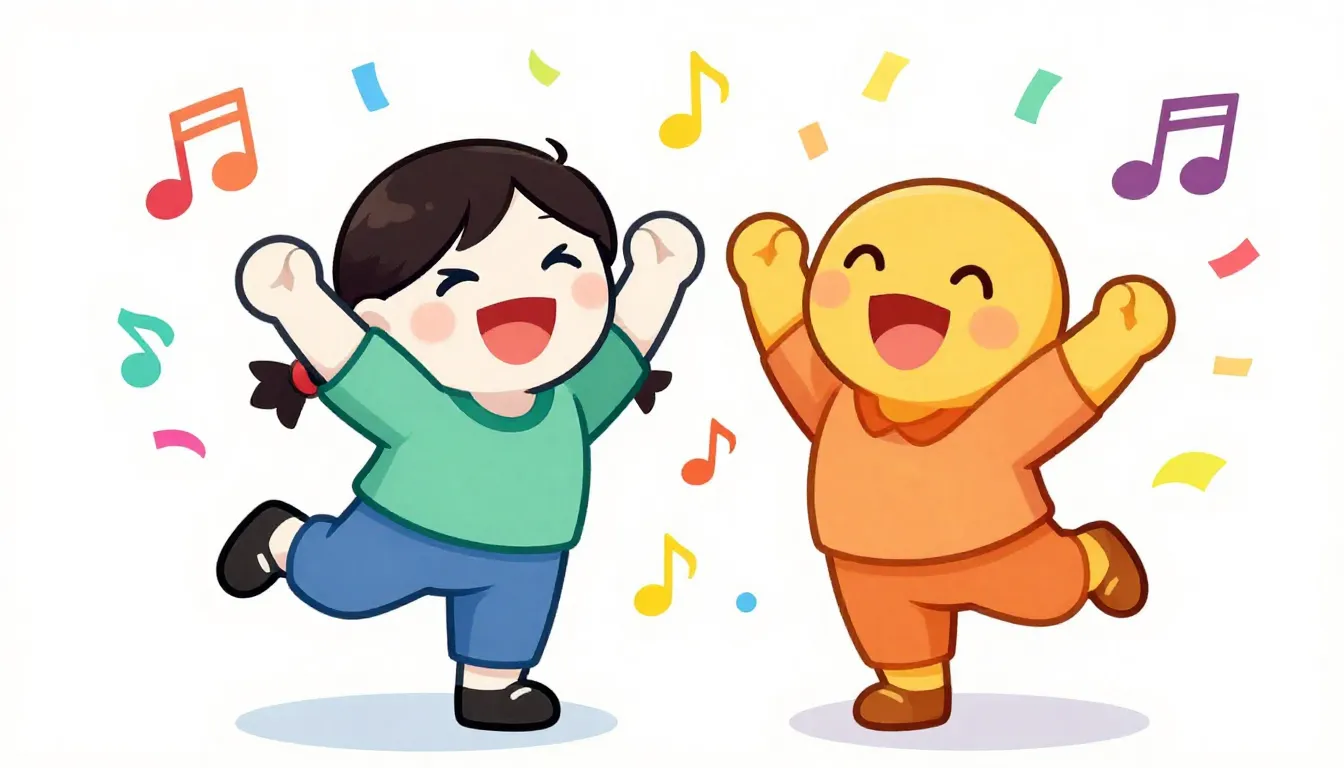A cheerful illustration of two happy characters dancing amon...