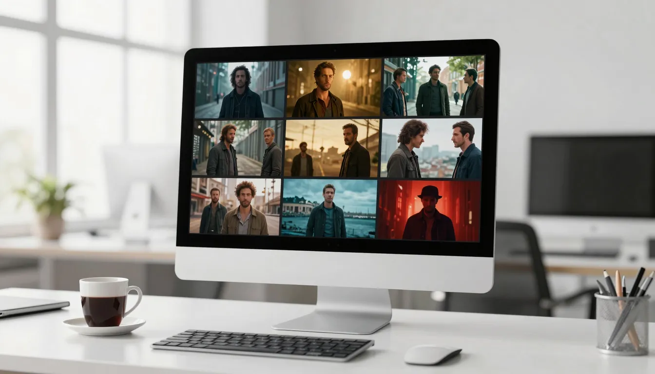 A professional workspace with a sleek computer monitor showi...