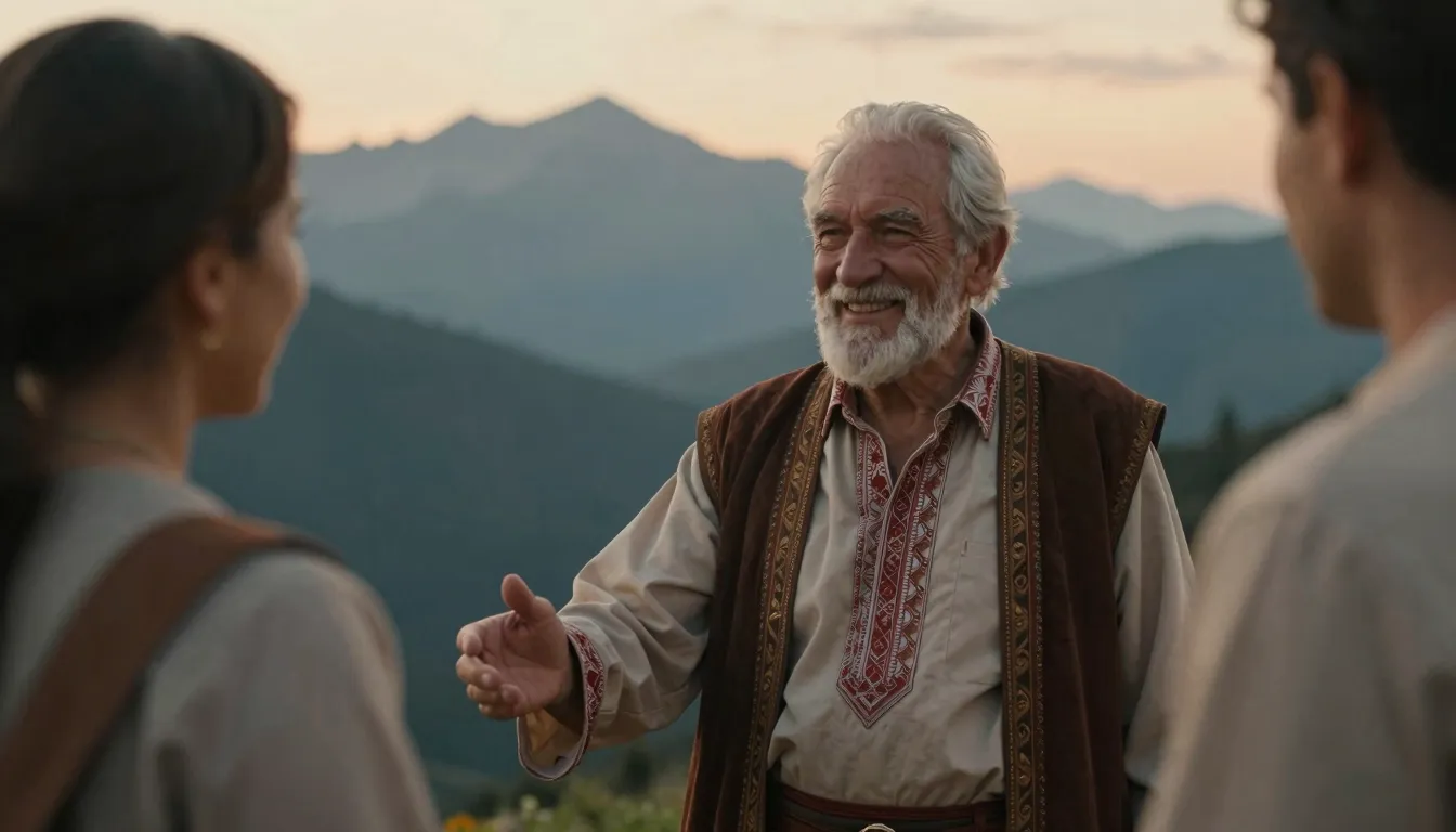 A friendly Caucasian elder man in traditional clothes welcom...