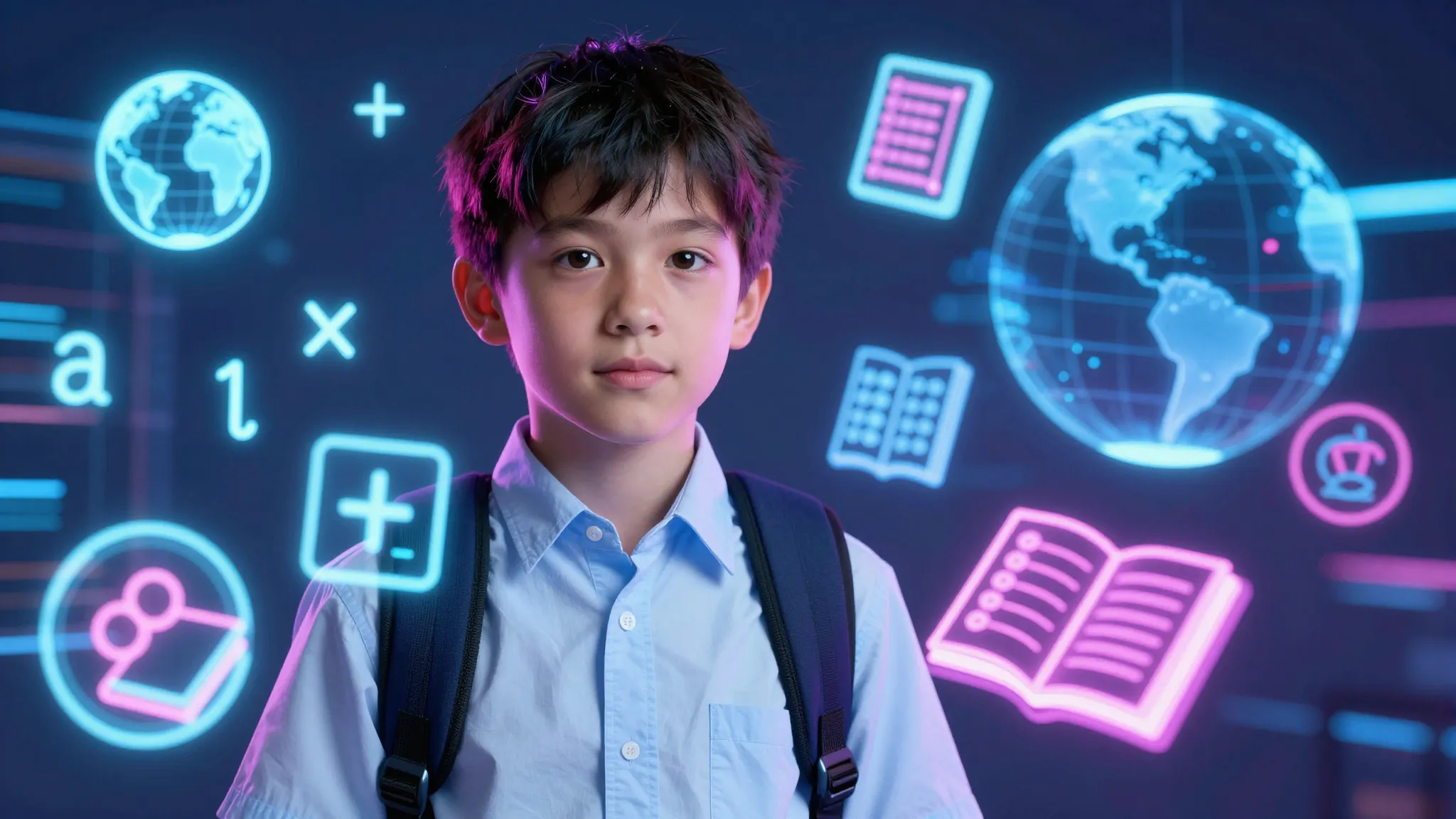 Hyper-realistic portrait of a modern school kid surrounded b...