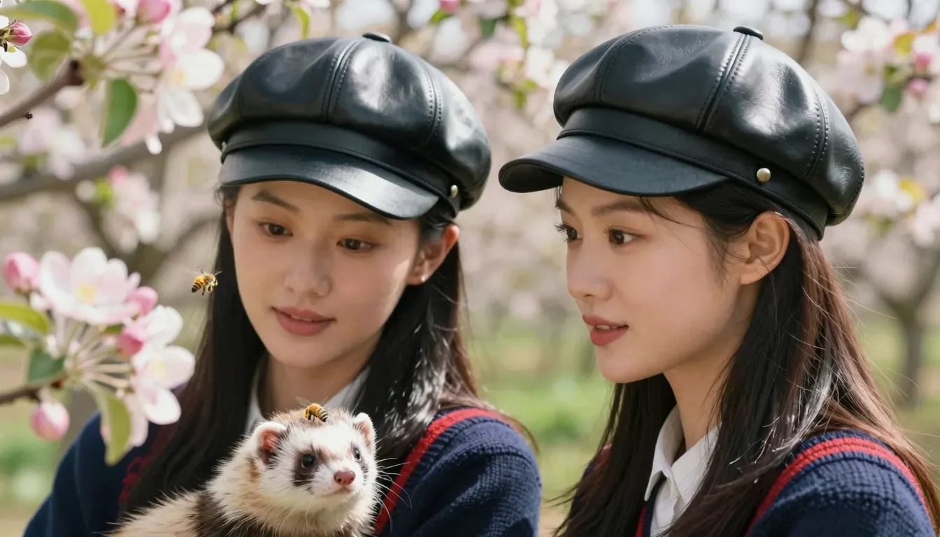 Sharp focus on two beautiful Chinese women and a fluffy ferr...