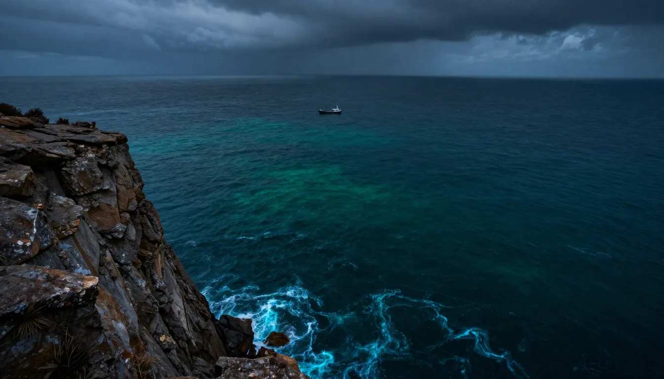 A cinematic shot from the edge of a steep precipice. The sea...