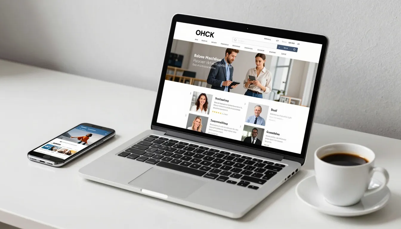 A professional workspace with a laptop showing a social medi...