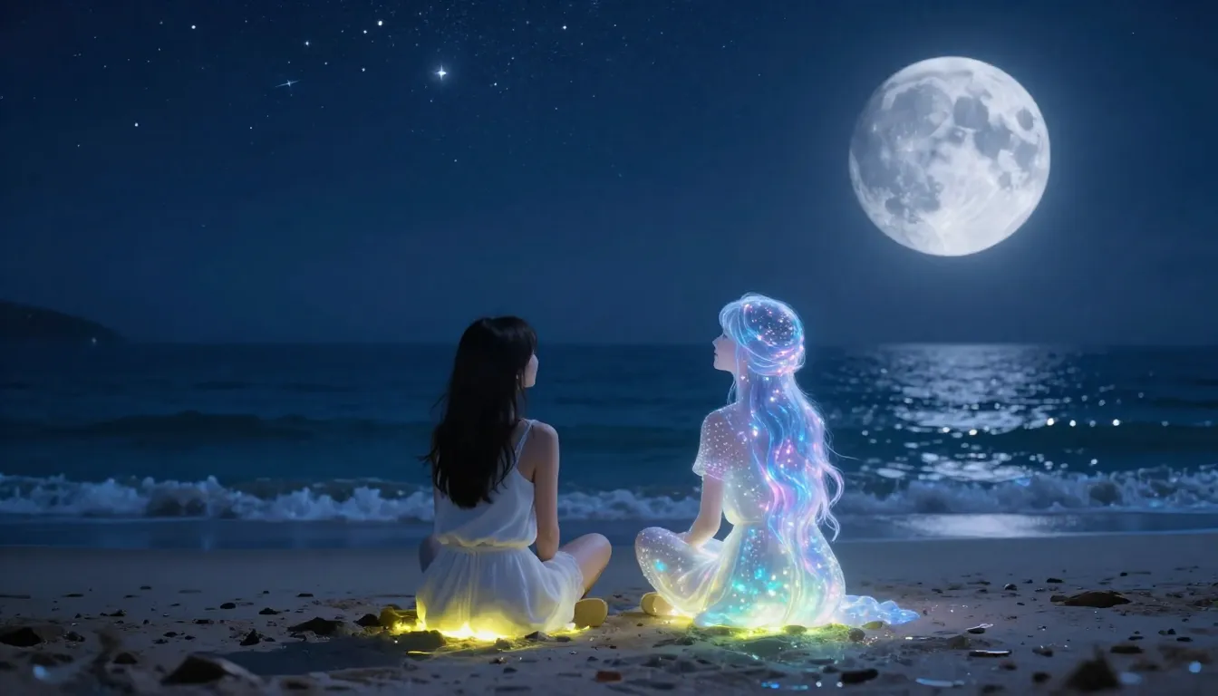 Two friends sitting on a magical glowing shore, one is a gir...