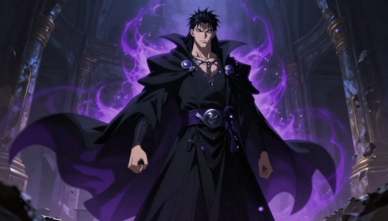 Powerful dark mage Marcus, long flowing black robes with pur...
