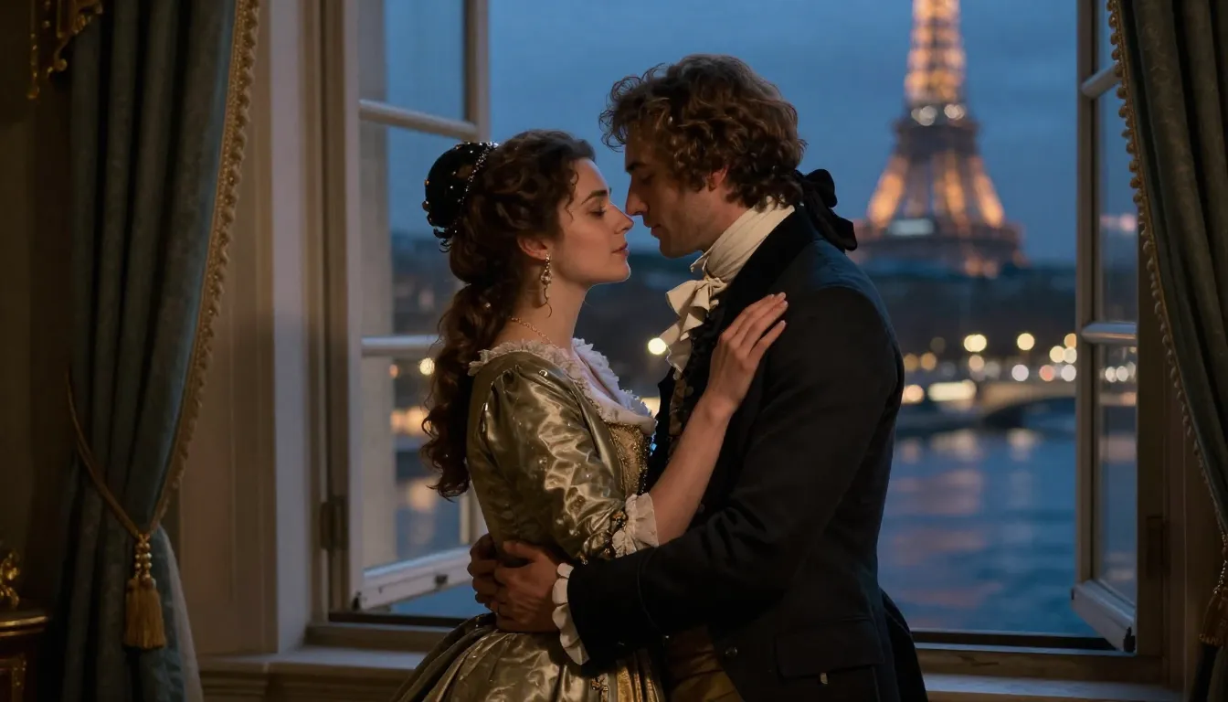 A romantic 18th-century couple, a man and a woman in elegant...