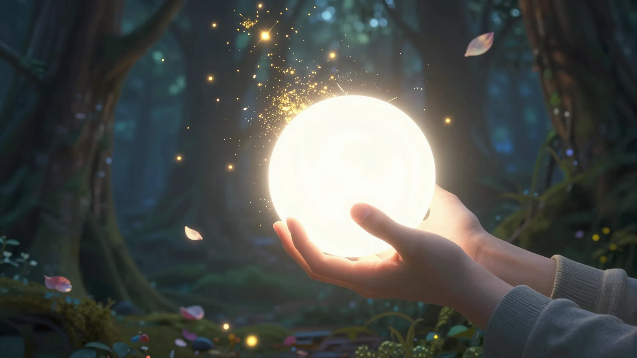 A magical 3D scene where a person's hands release a glowing ...
