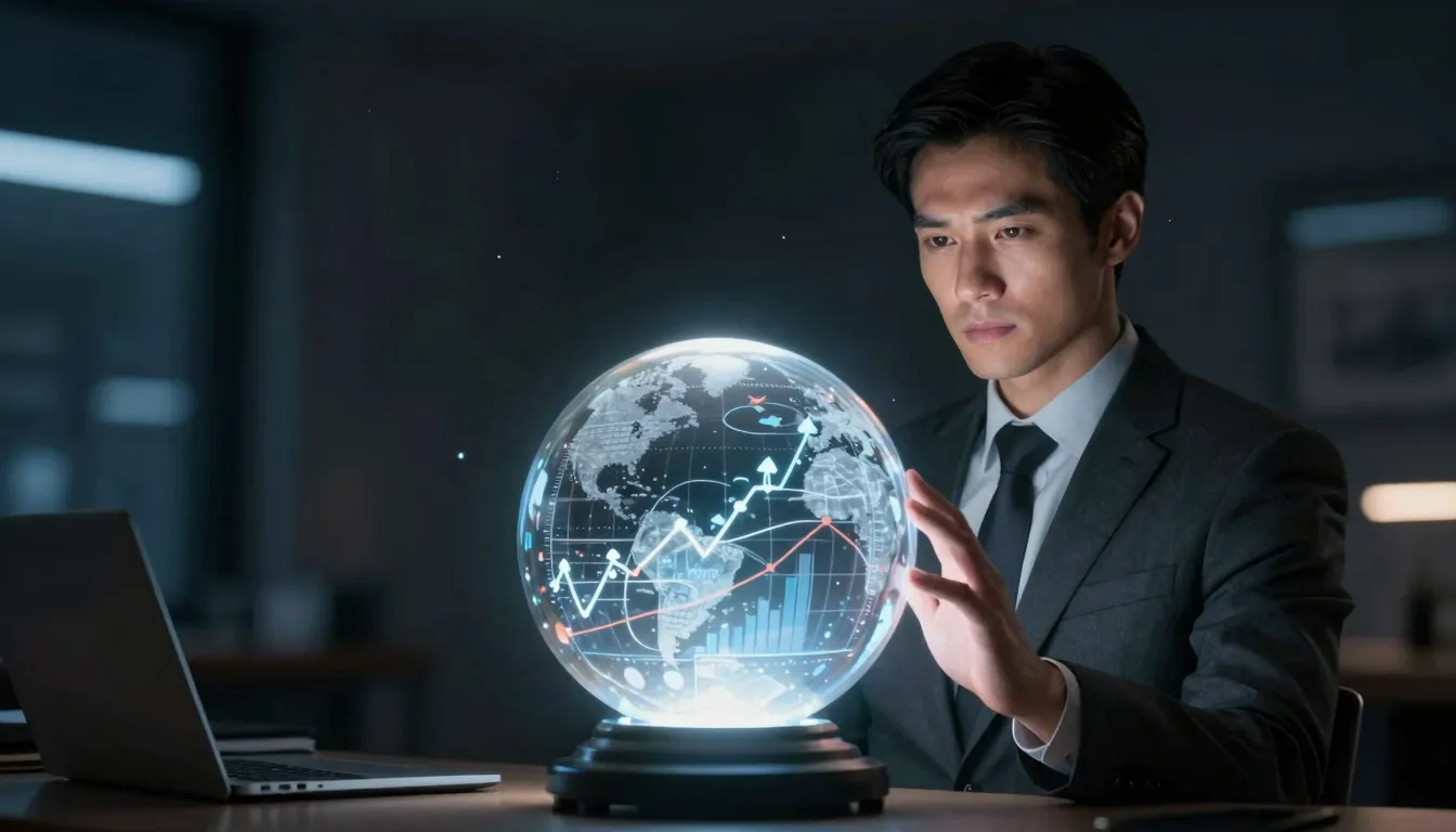 A professional marketing wizard looking at a glowing crystal...