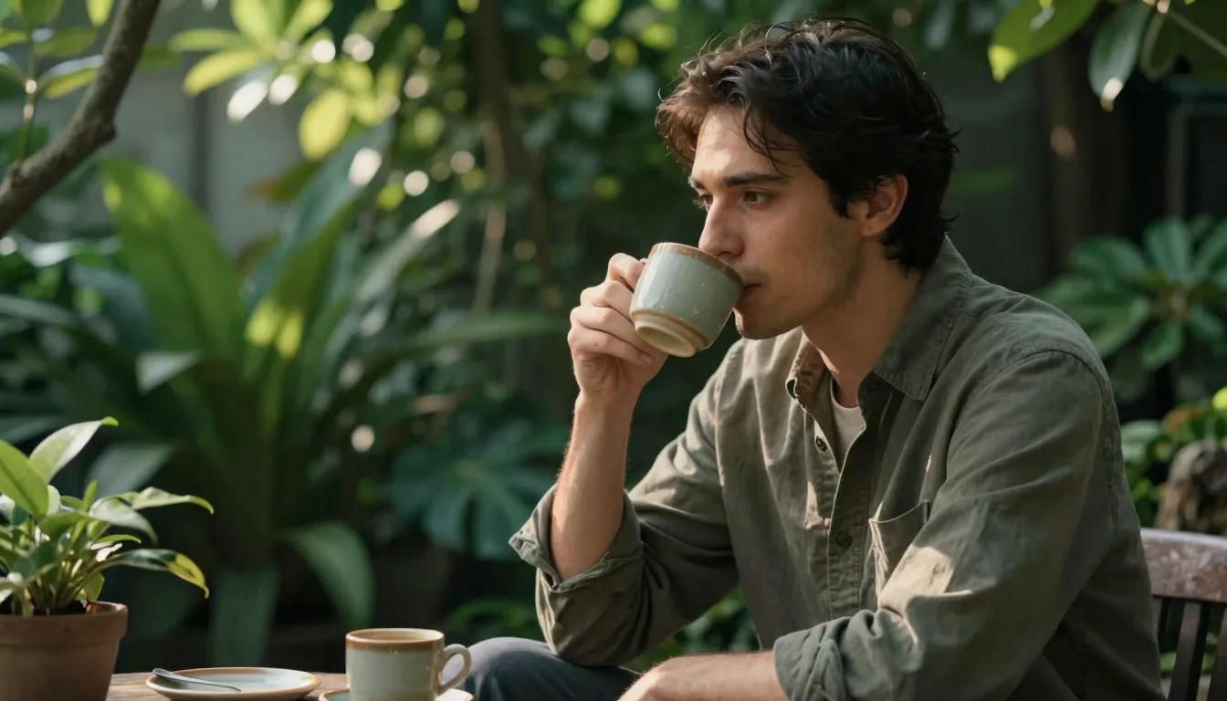 A peaceful man sitting in a lush green garden, drinking coff...