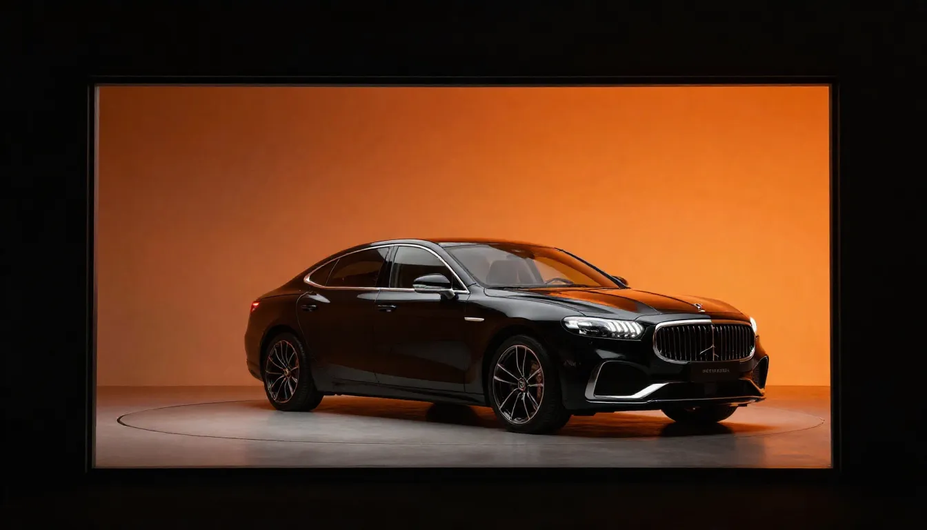 First window poster. Front side of a modern black luxury car...