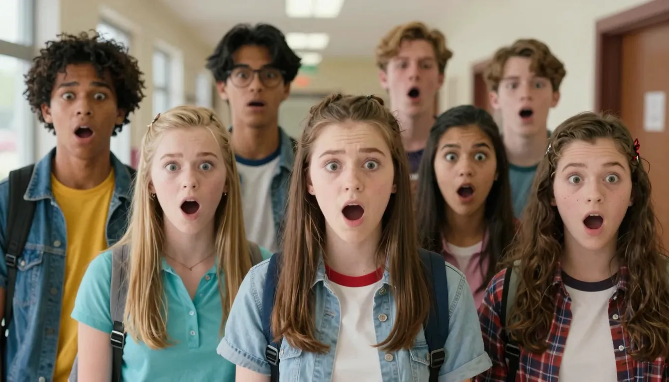 Cinematic shot of a group of diverse teenagers with funny sh...