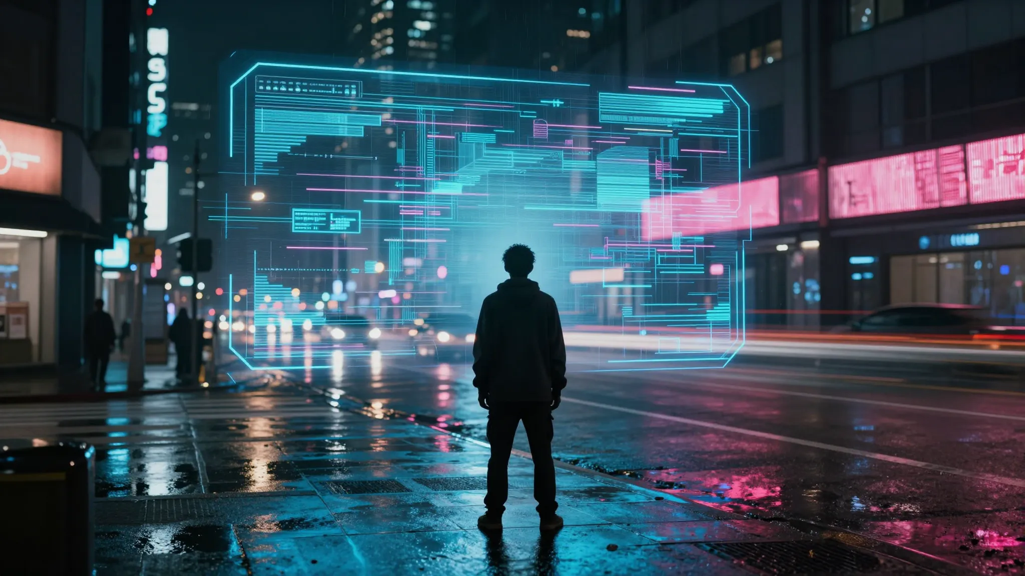 Cyberpunk city at night, with neon lights reflecting on wet ...