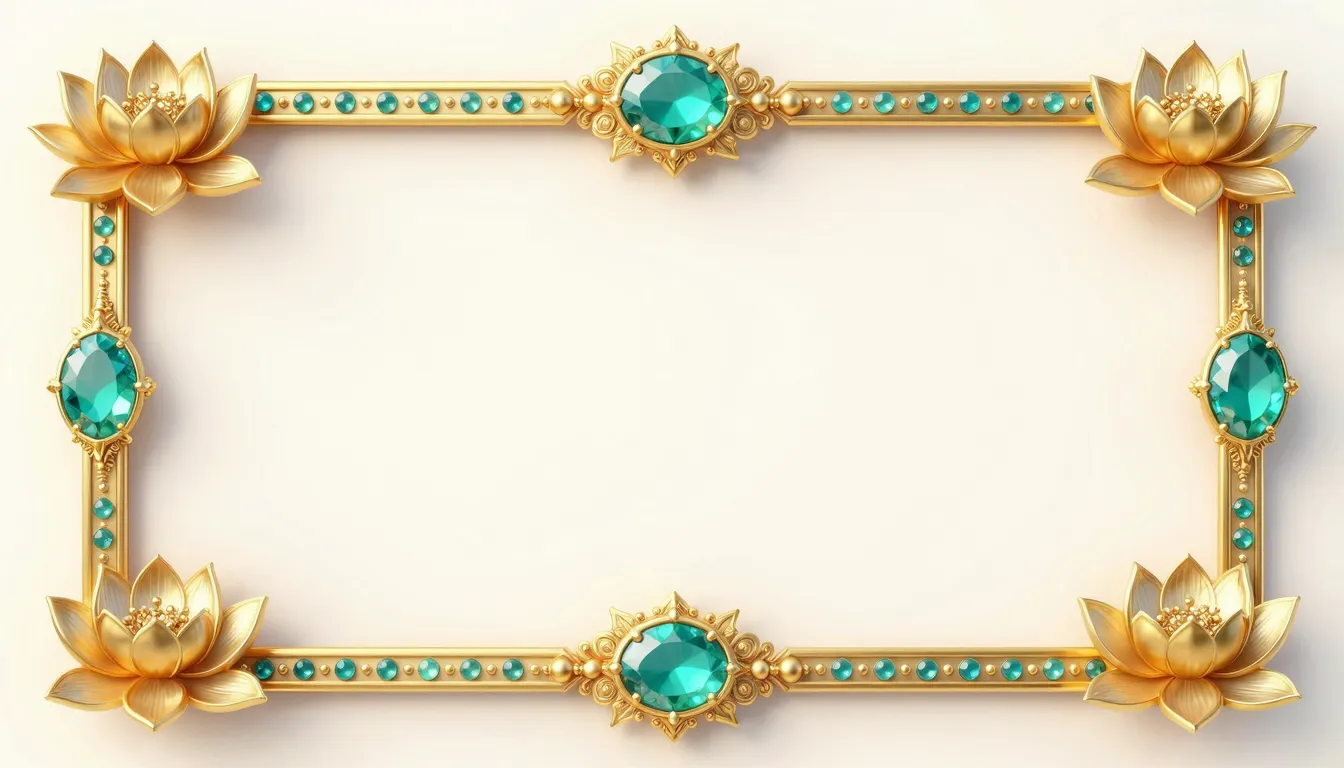 Elegant golden title frame with turquoise gemstones and lotu...