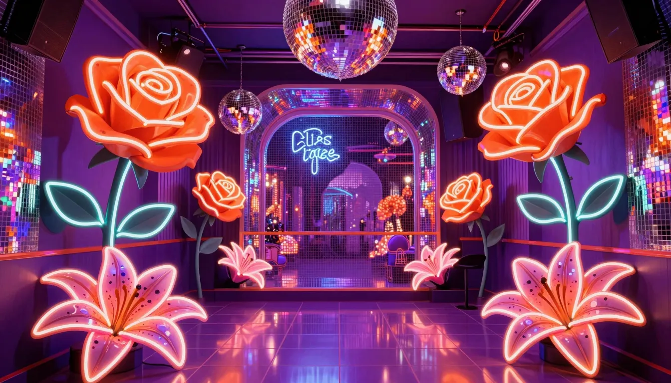 A retro-futuristic disco club scene with giant glowing neon ...