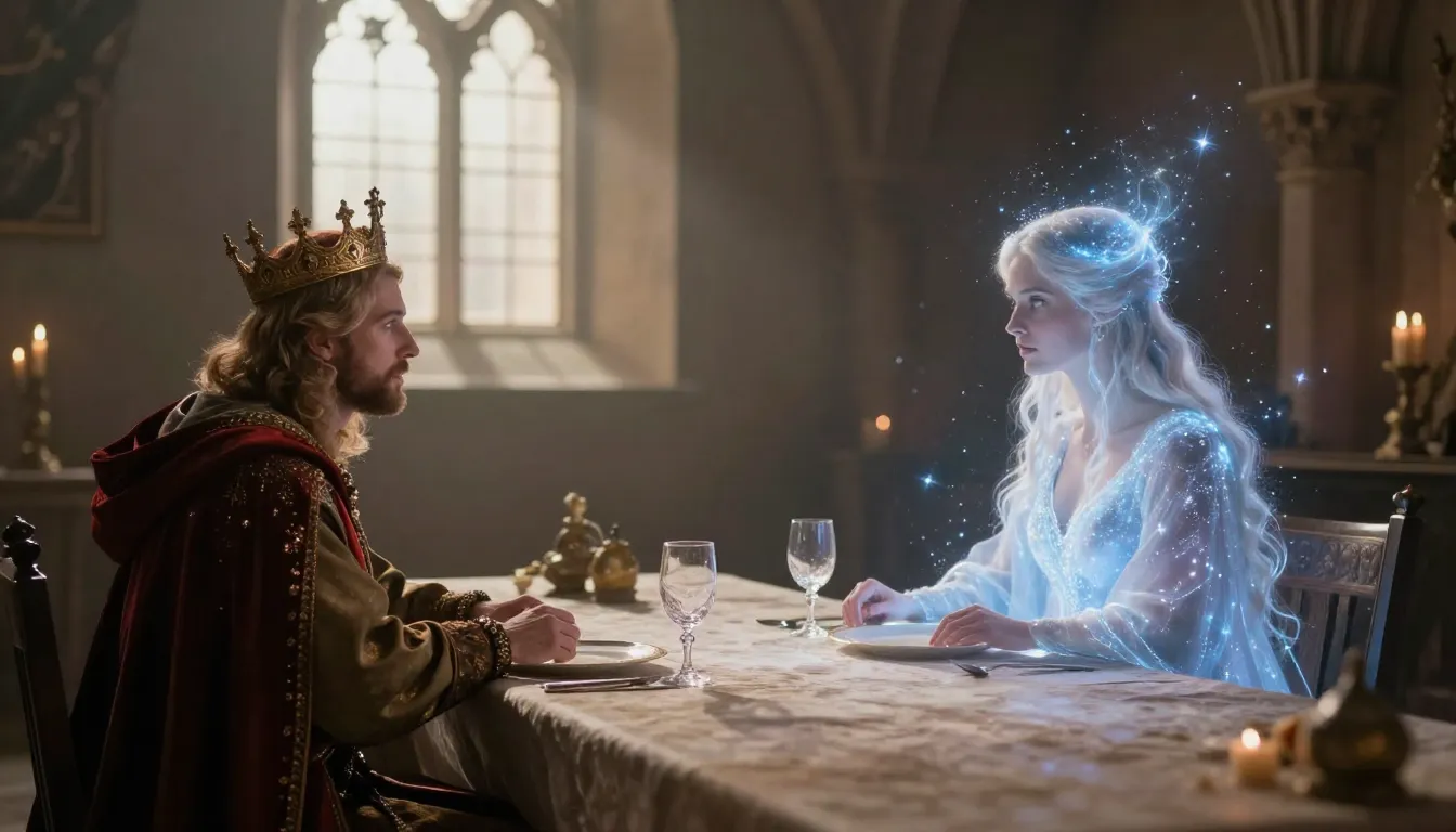 A medieval banquet hall with a king sitting at a long table....