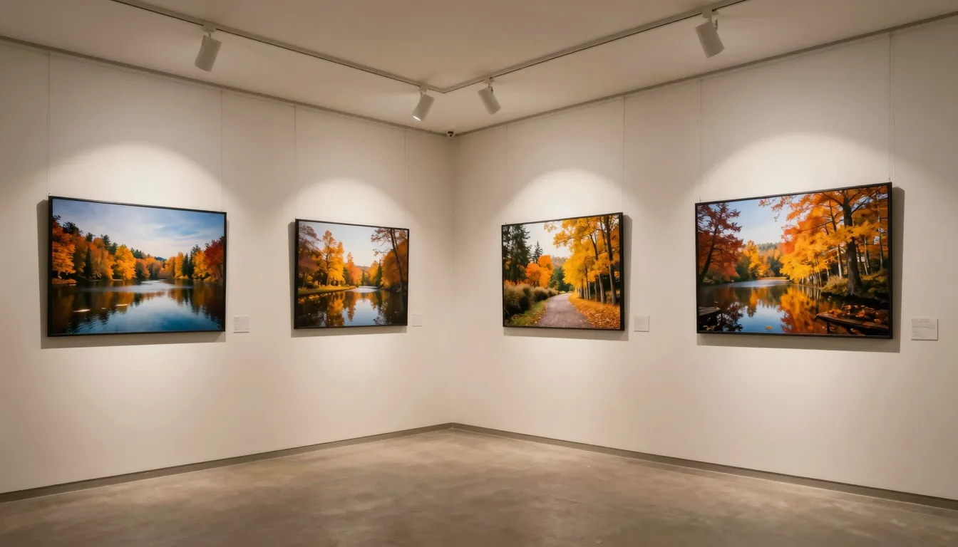 A professional photo gallery interior with autumn landscape ...