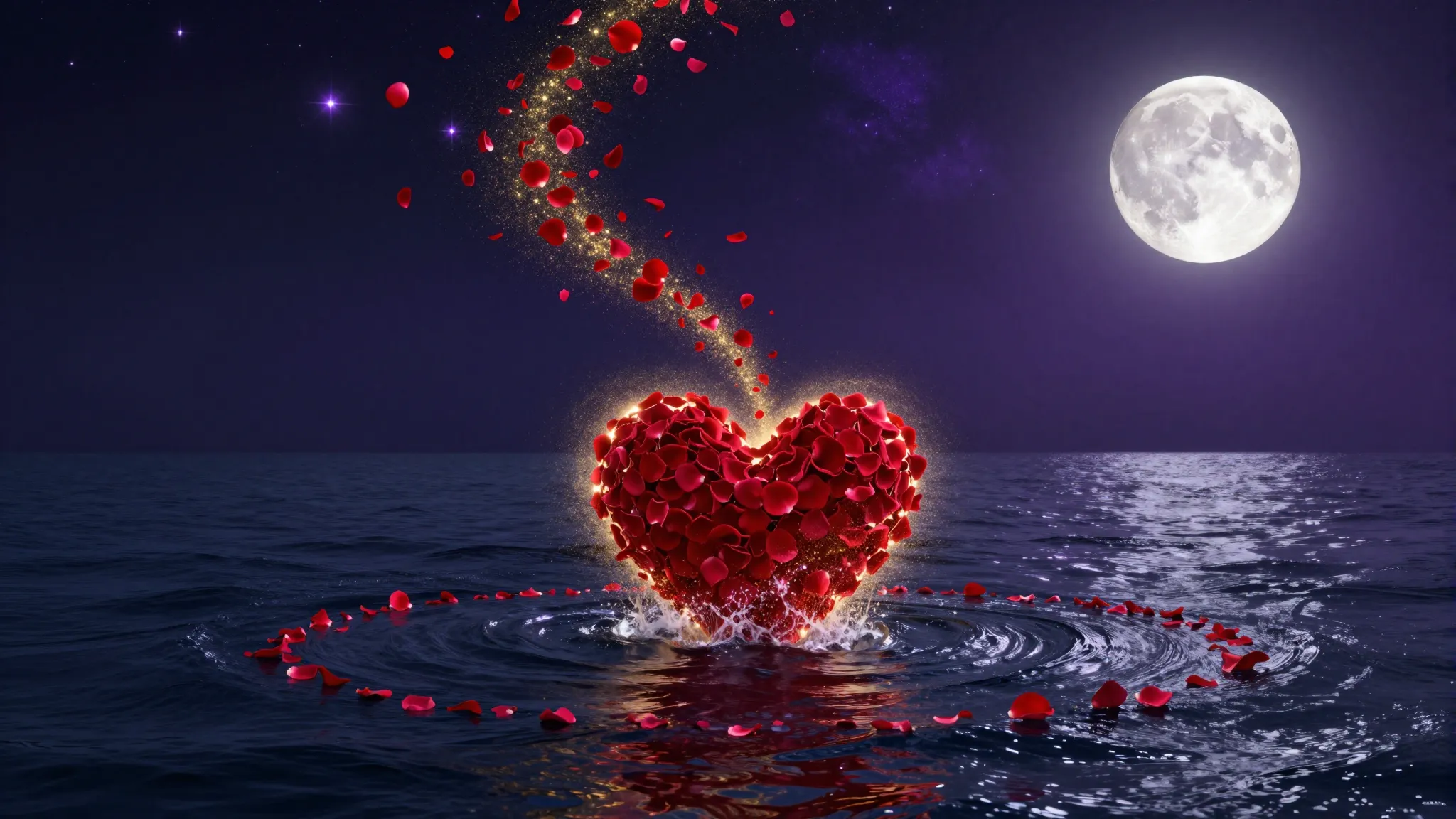 Dark night sky with bright twinkling purple stars and a larg...