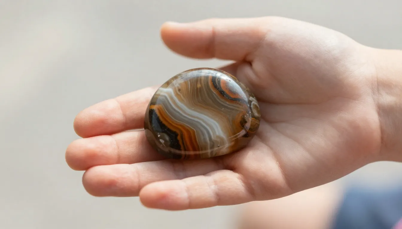Close up of a child's hand holding a smooth tiger eye stone,...