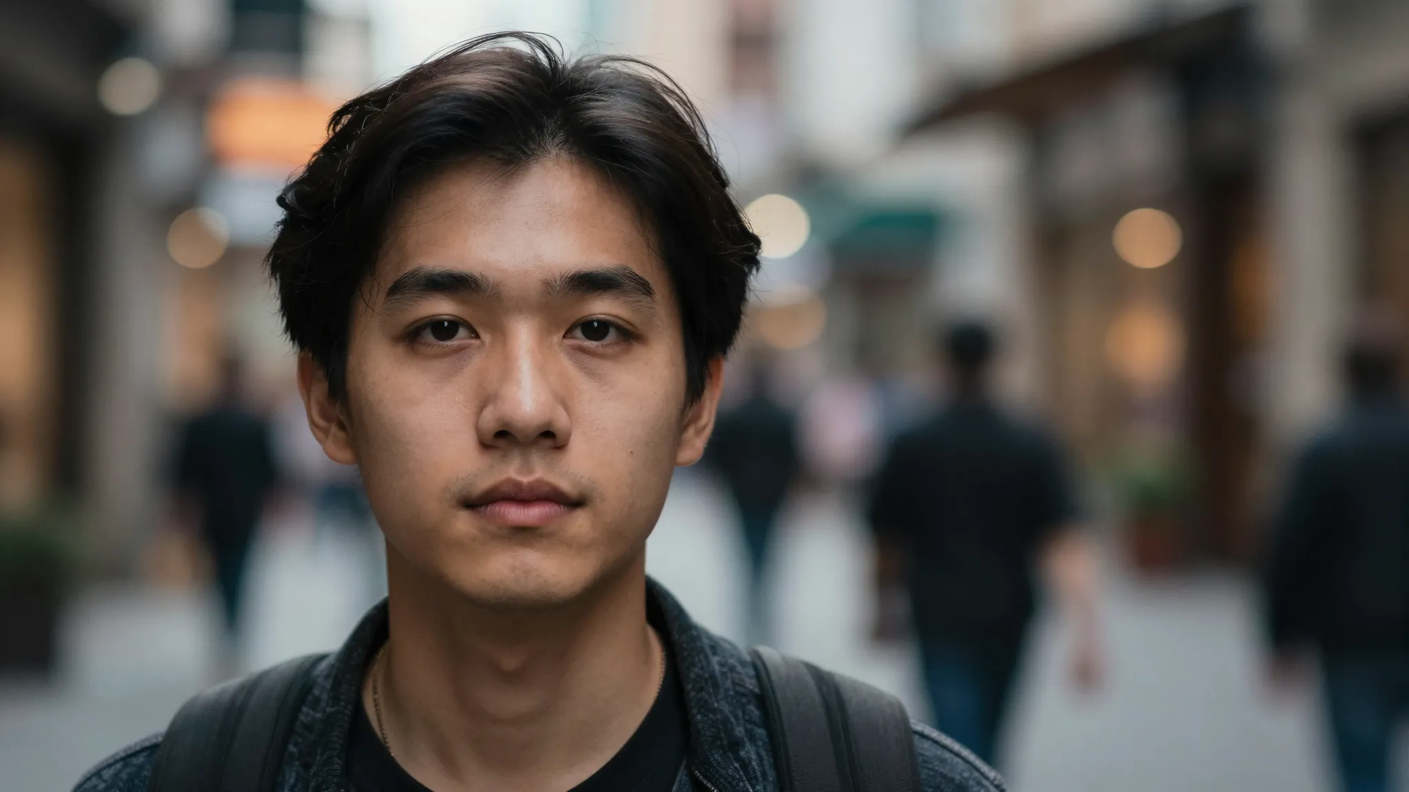 A portrait of a person in a busy city street, narrow depth o...