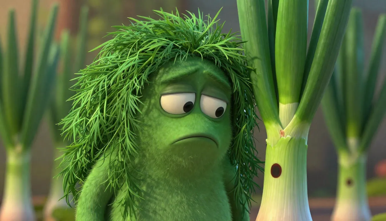 Close-up of a tired, drooping green dill leaning against a f...