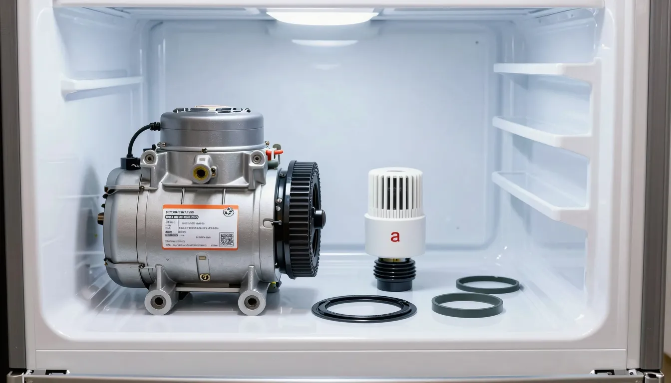Assortment of spare parts for a refrigerator: a compressor, ...