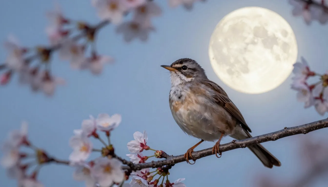 A beautiful nightingale sitting on a blooming cherry blossom...