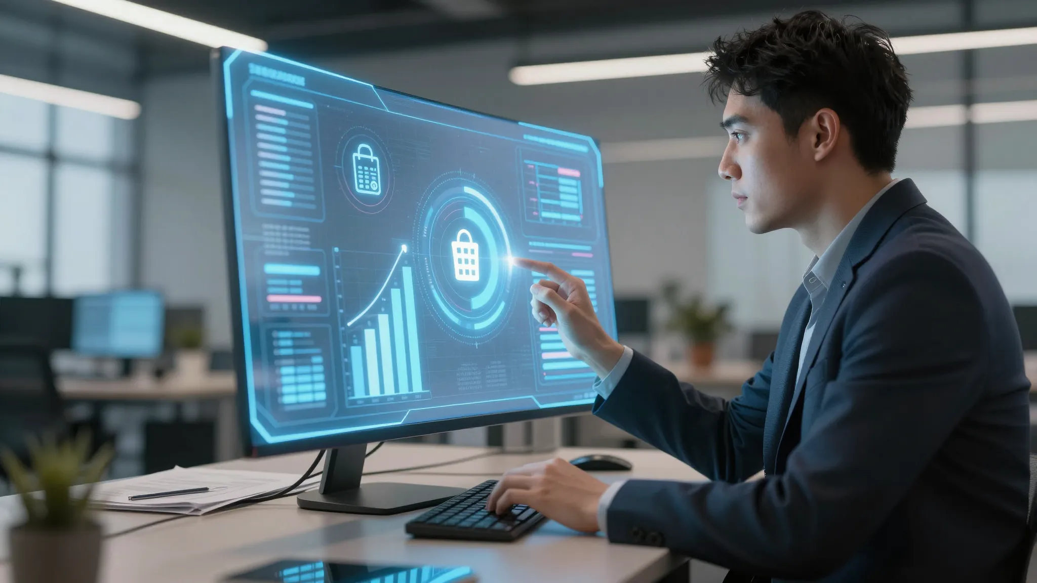 A professional digital marketer looking at a holographic scr...