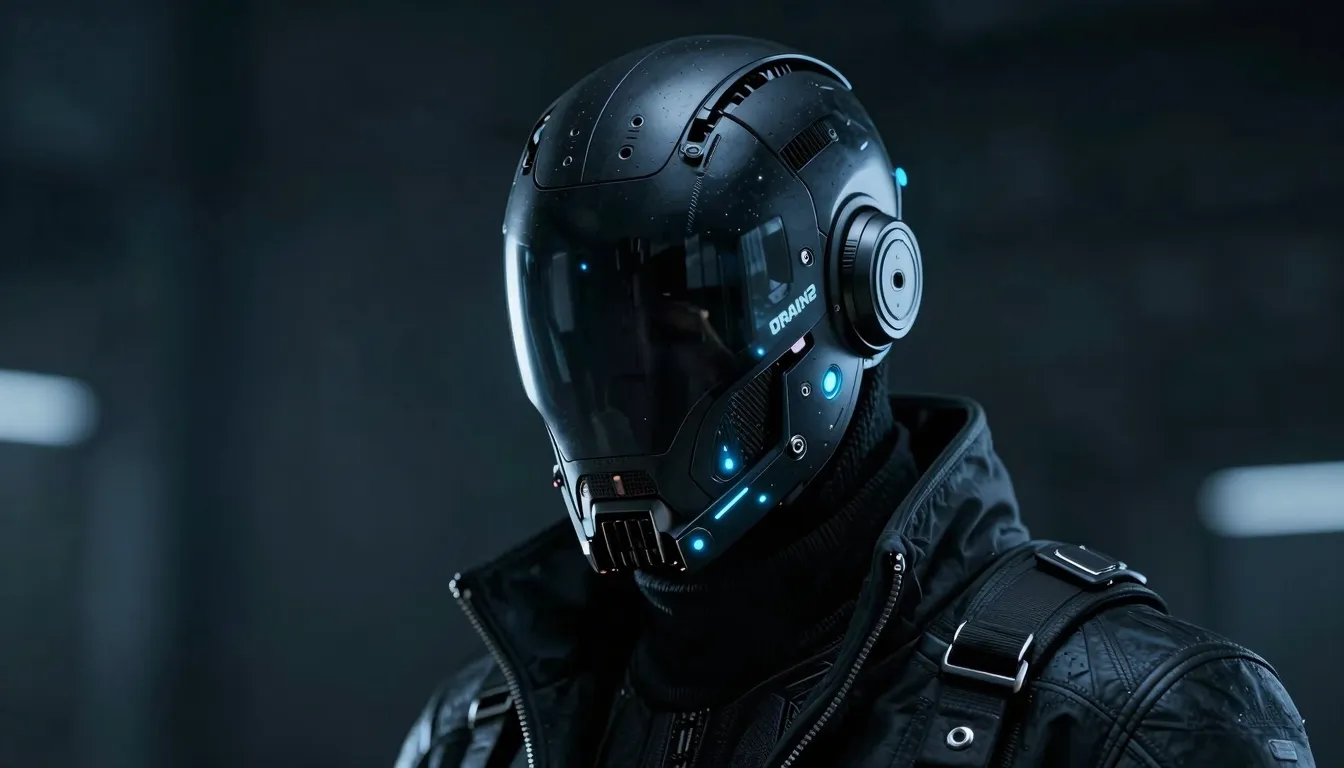 A futuristic cybernetic mask with 'DRAIN2' glowing on the si...