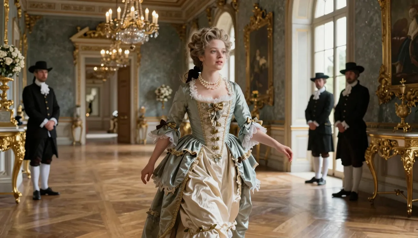 A beautiful young noblewoman in a 1660s French gown running ...