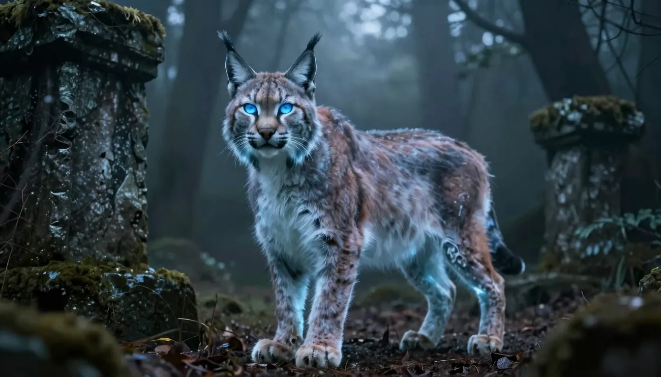 A mystical ghost lynx with glowing icy blue eyes standing in...