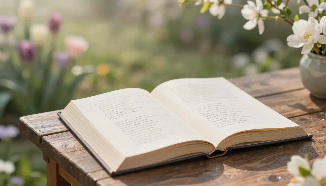 A peaceful spring garden with blooming flowers, an open book...
