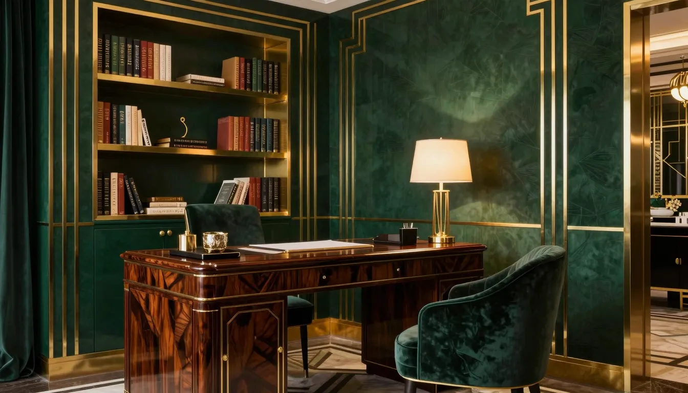 Luxury Art Deco home office, dark emerald green walls, gold ...