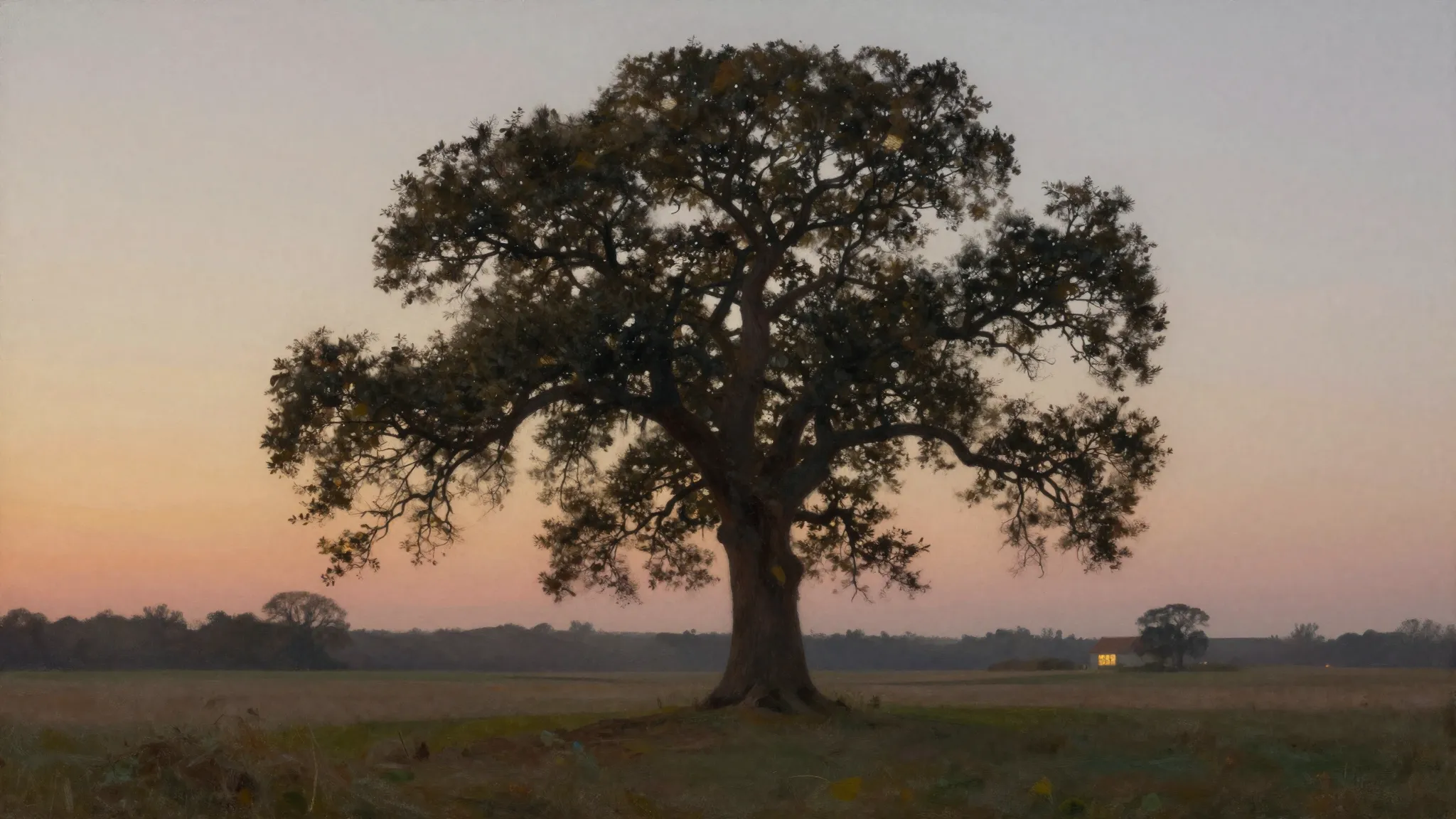 A peaceful landscape at dusk, a single tall oak tree standin...