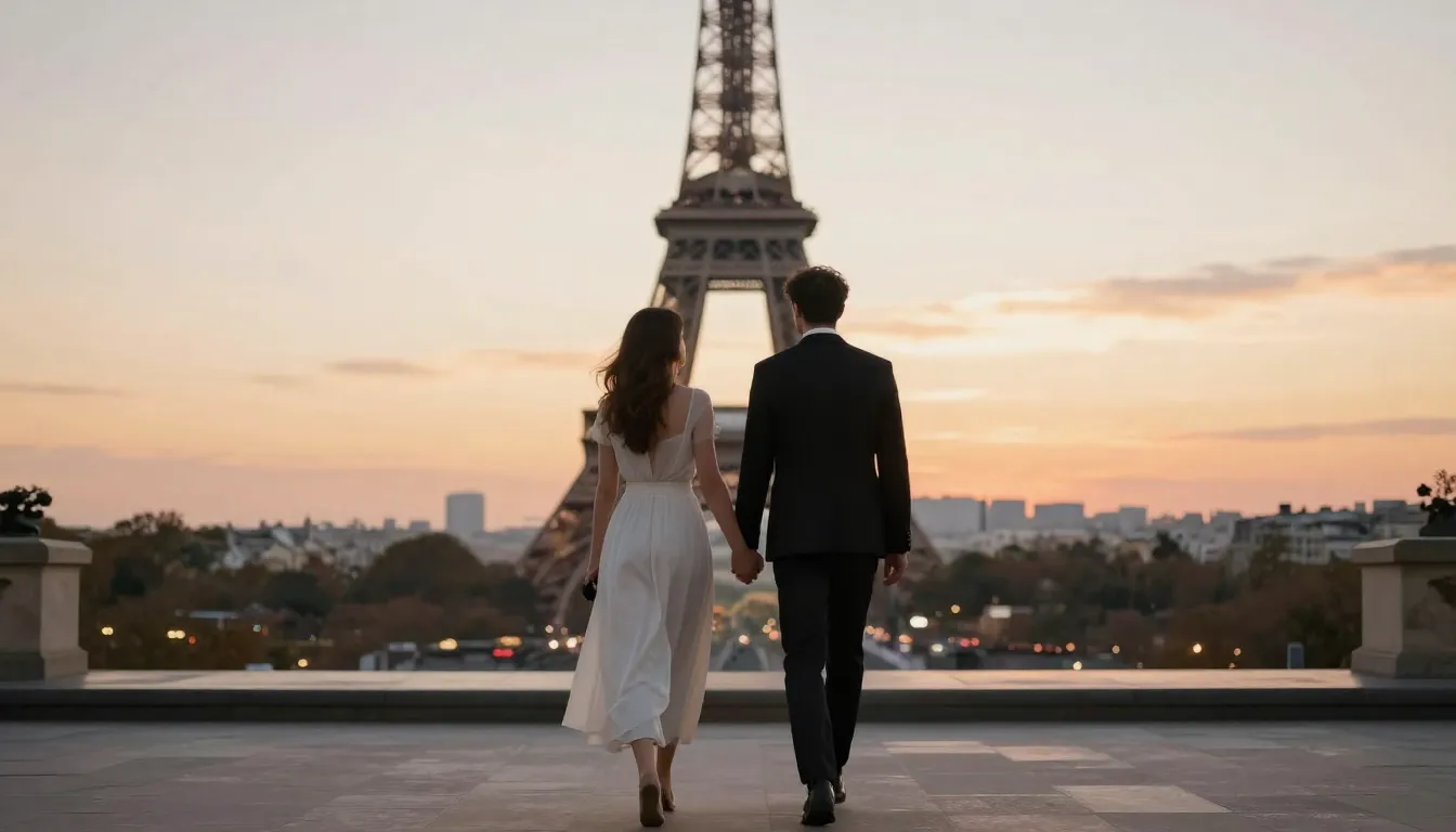 A romantic couple walking hand in hand towards the horizon i...
