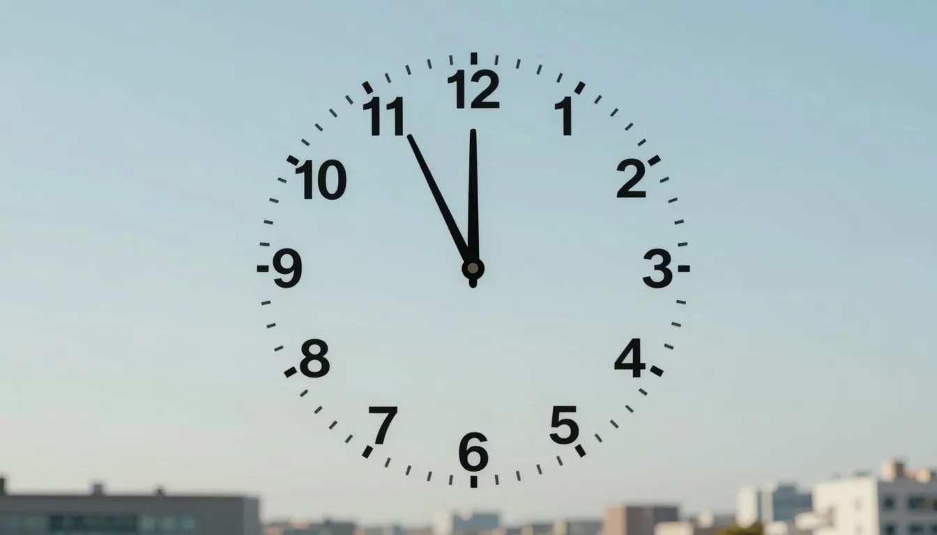 A minimalist digital art piece showing a clock face pointing...