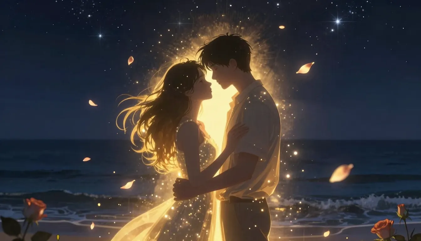 A woman's silhouette gently embracing a man's silhouette, su...